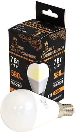 Лампа светодиодная ВАШЕ СИЯТЕЛЬСТВО E14 шар G45  7W 580lm 2700K купить в СОМ