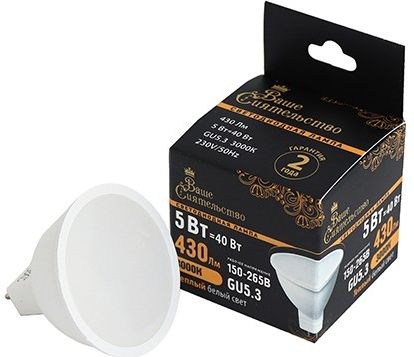 Лампа светодиодная ВАШЕ СИЯТЕЛЬСТВО GU5.3 MR16  5W 430lm  3000K  220V купить в СОМ