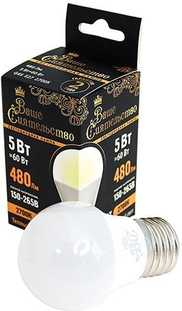 Лампа светодиодная ВАШЕ СИЯТЕЛЬСТВО E27 шар  5W 480lm  2700K купить в СОМ