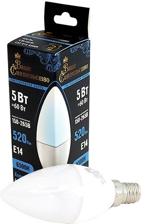 Лампа светодиодная ВАШЕ СИЯТЕЛЬСТВО E14 свеча 5W 520lm  6500K купить в СОМ