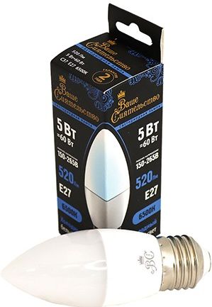 Лампа светодиодная ВАШЕ СИЯТЕЛЬСТВО E27 свеча 5W 520lm 6500K купить в СОМ