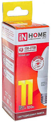 Лампа светодиодная IN HOME, 11Вт, 230В, Е27, 3000К, свеча купить в СОМ