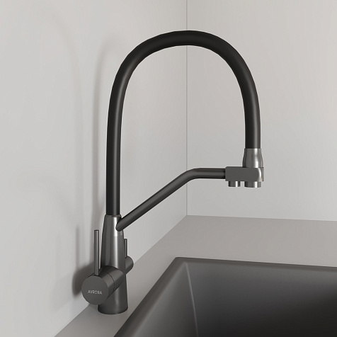 Смеситель для мойки Avrora Kitchen AV9006GM, латунь, графит, с выходом для питьевой воды купить в СОМ