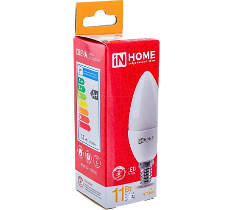 Лампа светодиодная IN HOME, 11Вт, 230В, Е14, 3000К, свеча купить в СОМ