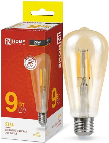 Лампа светодиодная IN HOME LED-ST64-deco gold 9Вт цилиндр золотая 3000К тепл. бел. E27 1040лм 230В купить в СОМ