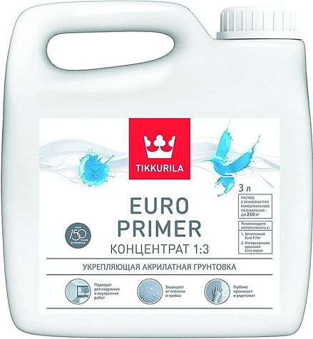 Грунтовка акриловая Tikkurila EURO PRIMER, концентрат 1:3, 3 л купить в СОМ