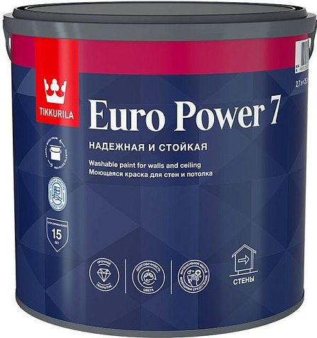Краска латексная Tikkurila Euro Power 7, моющаяся, база С, 2.7 л купить в СОМ