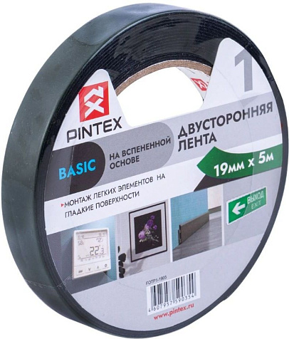 Лента клейкая Pintex двухсторонняя, вспененная основа, 19 мм х 5 м, черный купить в СОМ