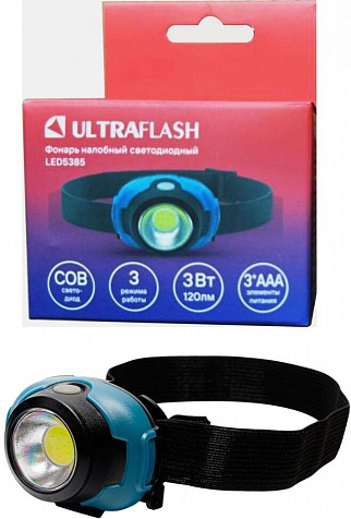 Фонарь налобный Ultraflash LED5385 3xAAA, COB, 3W, 120lm,6500K, 3реж,ремешок+ рез.наклейк купить в СОМ