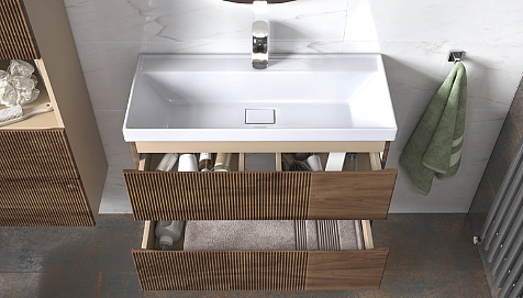 Тумба-умывальник подвесная Velvex Mondi 800-0-2, акация темная, с раковиной Classica Slim 60 купить в СОМ