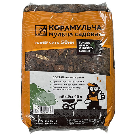 Мульча из сосновой коры ,средняя,сито 50мм ,45л. купить в СОМ
