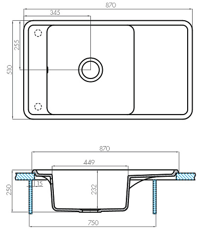 Мойка каменная Aquaton Беллис 87, 510x870x250 мм, врезная, графит купить в СОМ