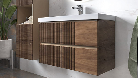 Тумба-умывальник подвесная Velvex Mondi 800-0-2, акация темная, с раковиной Classica Slim 60 купить в СОМ