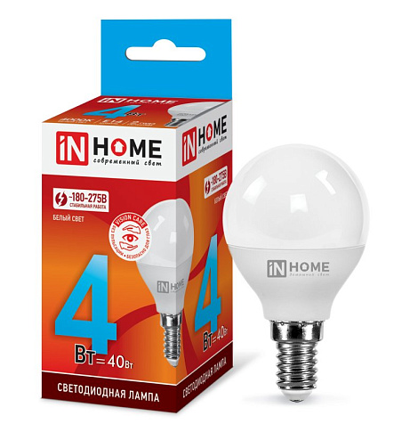 Лампа светодиодная IN HOME, 4Вт, 230В, Е14, 4000К, шар купить в СОМ