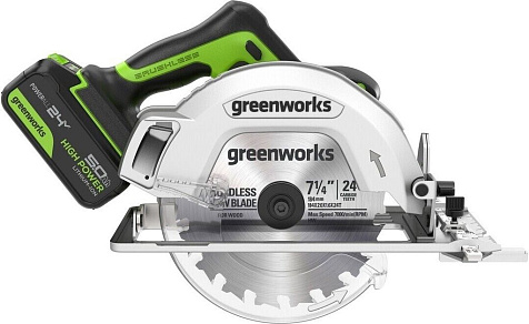 Пила циркулярная Greenworks GD24CSCUG, 24В, Li-ion, АКБ 1х5.0А/ч, 185х20мм, бесщеточная купить в СОМ