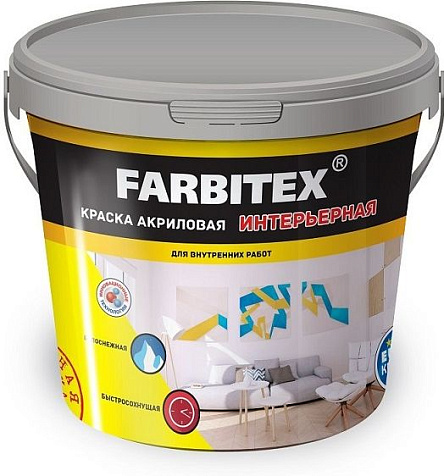 Краска акриловая Farbitex, интерьерная, 6 кг купить в СОМ