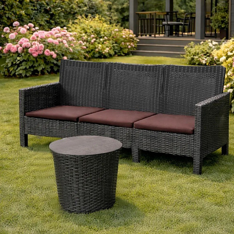 Мебель Ротанг СадКо 2 кресла, тройной диван и столик серый с коричневыми подушками купить в СОМ