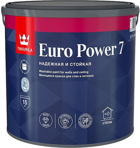 Краска латексная Tikkurila Euro Power 7, моющаяся, база С, 9 л купить в СОМ