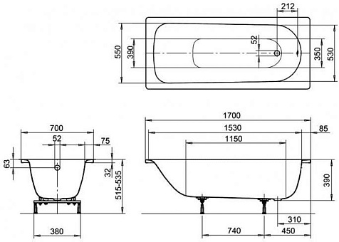 Ванна стальная Kaldewei Eurowa 1700 х700 мм, ножки купить в СОМ