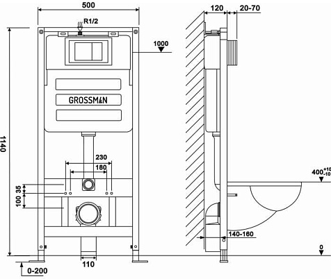 Инсталляция Grossman 900.K31.01.000, унитаз GR-4455SQ, кнопка 700.K31.01.100.100 хром купить в СОМ
